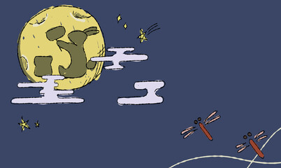 星空のお月見背景イラスト、とんぼとともに。ペン画風の手描きタッチ。　月にはうさぎの影。　模様付き。 © chockwhooll