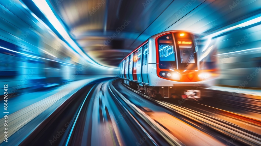 Aufkleber a subway train speeding through an urban tunnel with motion blur.