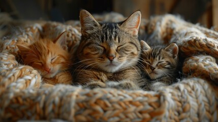 Mother cat with kittens sleeping in a soft cushion, portraying a scene of comfort and maternal love
