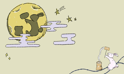 星で彩る、お月見の背景イラスト、餅を搗くうさぎとともに。ペン画風の手描きタッチ。　月にはうさぎの影。　模様付き。