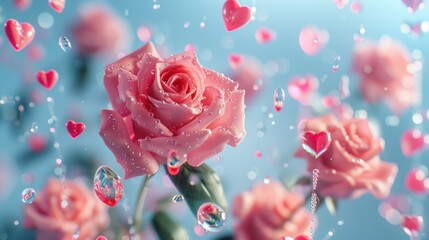 Pink Rose With Hearts and Water Drops