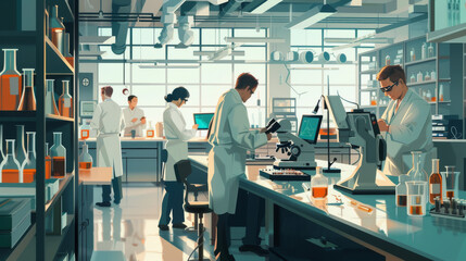 A modern, well-equipped laboratory with scientists working on experiments. Include lab equipment such as microscopes, test tubes, beakers, computers, and specialized instruments. 