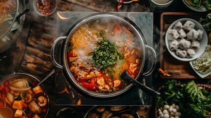 A traditional Asian hot pot filled with bubbling broth and assorted fresh ingredients. - Powered by Adobe
