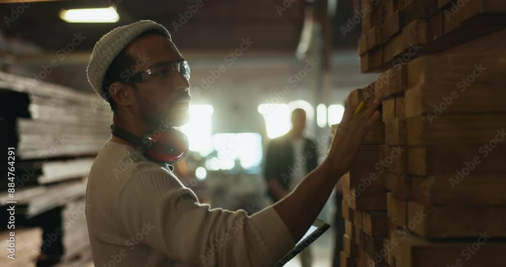 Poster man, carpenter and inspection on wood with tablet at warehouse in woodwork, research or inventory at