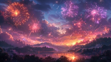 A lively celebration with fireworks lighting up the night sky, colorful streamers, and flags creating a festive atmosphere. The fireworks are in bright hues of purple, orange, and pink, making the