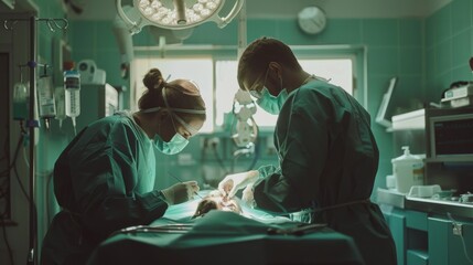 A veterinary team performing surgery on a small animal in an operating room setting