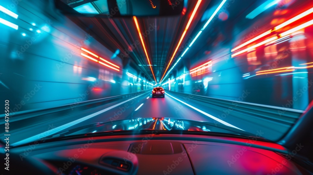 Aufkleber a view of a car driving through a tunnel with lights reflecting off the walls.