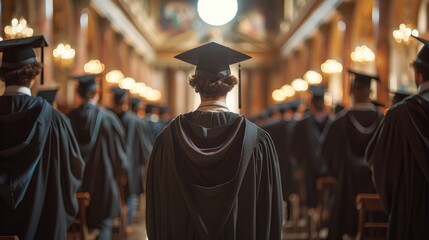 Obraz premium A group of university graduates wearing caps and gowns seated in a grand hall during a commencement ceremony, facing forward in anticipation.