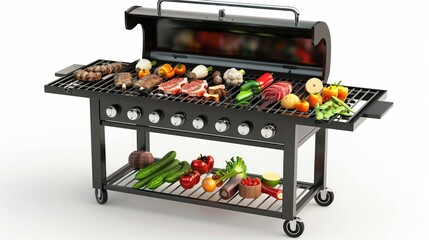 a barbecue grill with vegetables and meat, outdoor cooking, detailed rendering, isolated on white background