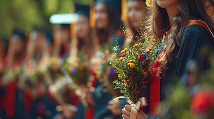 Naklejka premium Graduates in caps and gowns holding bouquets, celebrating graduation day outdoors, signifies achievement and educational milestone.