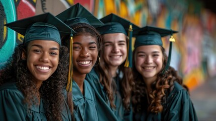Four diverse female graduates wear caps and gowns, celebrating their achievement while smiling against a vibrant, graffiti-covered wall.