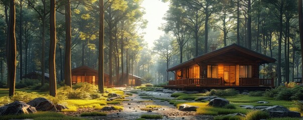 Fototapeta premium Cozy wooden cabins with warm lights nestled in a serene forest with lush greenery and a small creek flowing through.