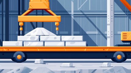 Close-up of raw substances being processed, machinery applying precise techniques, demonstrating the industrial use of basic materials, flat design illustration