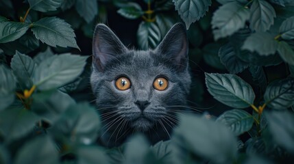 Defocused view of a gray kitten in the garden, adding an artistic and whimsical touch