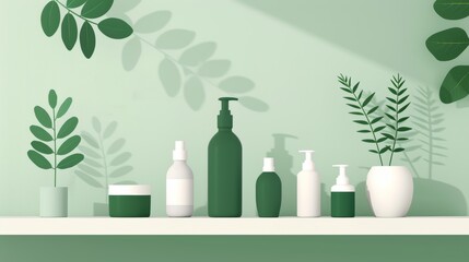 Collection of green goods, neatly arranged in a modern, eco-friendly store, emphasizing sustainable practices and environmentally conscious products, flat design illustration