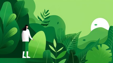 Conservation efforts in a lush forest, with signs of renewable practices and durable solutions to protect natural habitats, symbolizing sustainability, flat design illustration