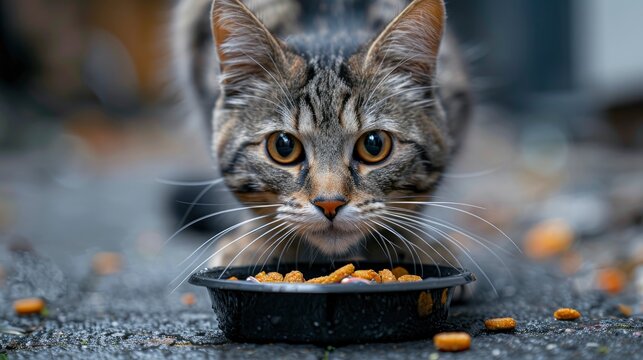 Dried food dish with a curious cat approaching, highlighting anticipation and hunger