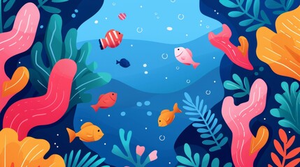 Fototapeta premium Coral reef ecosystem, vibrant underwater habitat teeming with marine life, illustrating the delicate interplay of species in this unique environment, flat design illustration