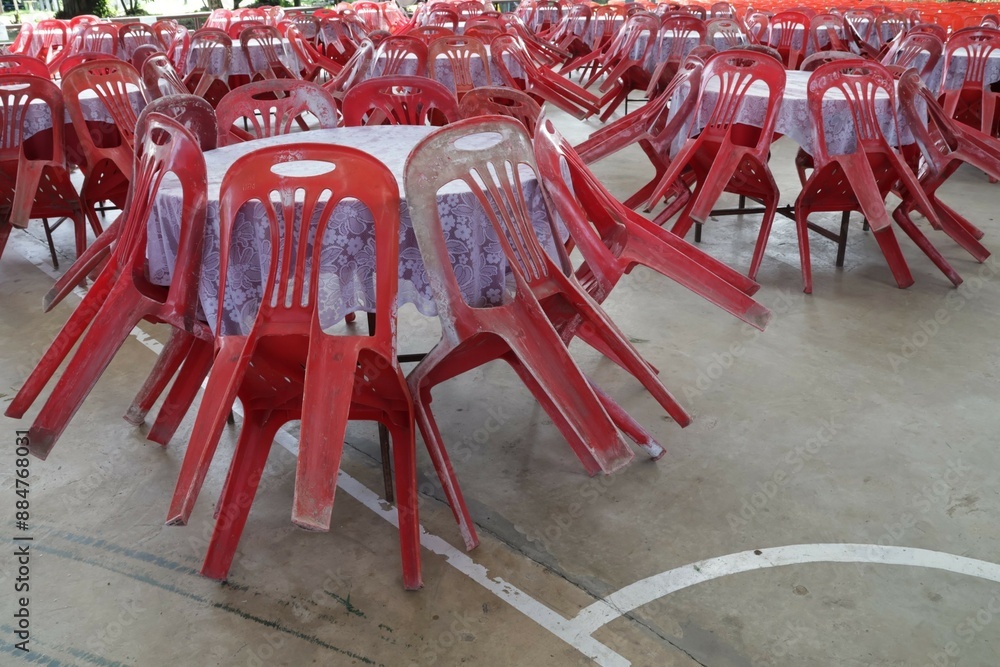 Poster Red plastic chairs, catering, dining tables