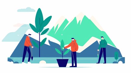 Obraz premium Ecologists and conservationists collaborating, implementing sustainable practices in a national park, demonstrating the integration of employment and environmental care, flat design illustration