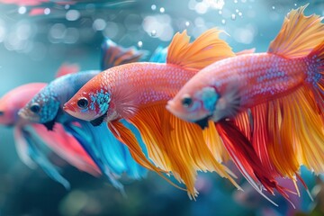 Fototapeta premium Colorful Betta Fish Group in Stylish Attire for Birthday Party Invite with Copy Space on Solid Background
