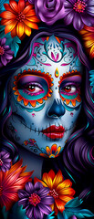 Naklejka premium A woman's face is painted with a skull and flowers. The skull is blue and the flowers are purple, orange, and yellow. The woman's eyes are closed and she has a red lip