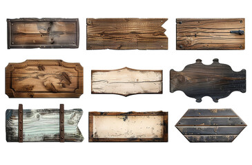 A collection of wooden signs with various designs and sizes