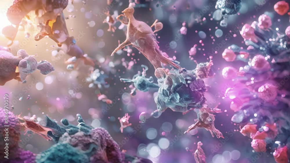 Poster threedimensional rendering of a large number of antibodies coating the surface of a specialized immu