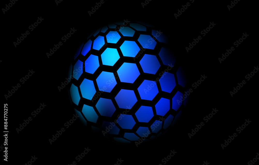 Poster Blue neon hexagon pattern sphere. 3d halftone hemisphere concept. Grid globe futuristic element. Round shape for tech poster, banner, cover, emblem, booklet, leaflet. Vector illustration