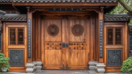 Fototapeta premium Classical wooden gate of Chinese architecture, rich in historical significance