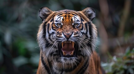 Fototapeta premium Close encounter with a roaring and yawning tiger in its natural habitat, capturing its intense gaze and raw power
