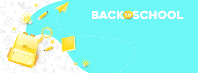back to school banner background layout decorate with school supplies and hand drawn icon and empty space