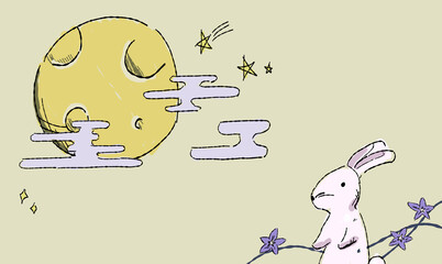 星で彩る、お月見の背景イラスト、うさぎとともに。ペン画風の手描きタッチ。　模様付き。