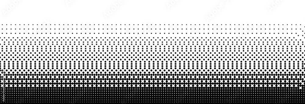 Poster Pixelated bitmap gradient texture. Black and white dither pattern background. 8 bit video game screen wallpaper. Retro glitchy pixel art illustration. Abstract wide dithering horizontal border. Vector