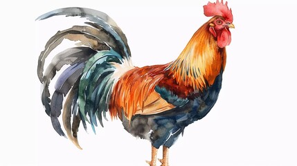 Rooster. Hand-painted watercolor illustration style. Isolated on a white backdrop. Conceptual wildlife animal artwork. Abstract brush strokes combined with realism which is very beautiful