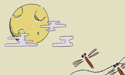 ベージュのお月見の背景イラスト、とんぼとともに。ペン画風の手描きタッチ。模様付き。 © chockwhooll