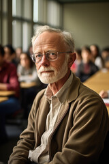 generated illustration senior man sits in a crowded auditorium