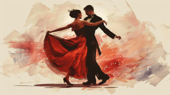 Capture various ballroom dance styles like waltz, tango, foxtrot, and cha-cha, highlighting the fluidity and precision of movements, including detailed footwork and arm positions.