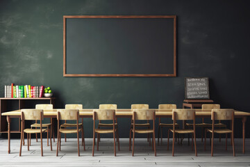 generated illustration of  empty classroom with many wooden chairs
