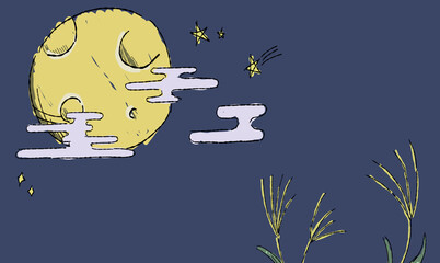 星空のお月見背景イラスト、すすきとともに。ペン画風の手描きタッチ。