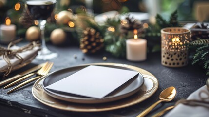 Table place setting blank menu card mockup or reserve in wedding invite and special event