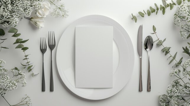 Table place setting blank menu card mockup or reserve in wedding invite and special event