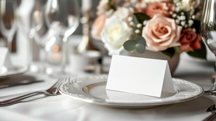 Table place setting blank menu card mockup or reserve in wedding invite and special event