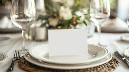 Fototapeta premium Table place setting blank menu card mockup or reserve in wedding invite and special event