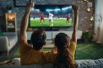 Group of Friends Enjoying a Happy Gathering at Home to Watch the World Cup Football on TV, Cheering for Their Favorite Teams with Snacks and Drinks in a Joyful Atmosphere