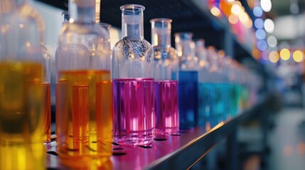 Row of laboratory glass bottles with colorful liquids, showcasing a vibrant gradient effect in a scientific research setting.