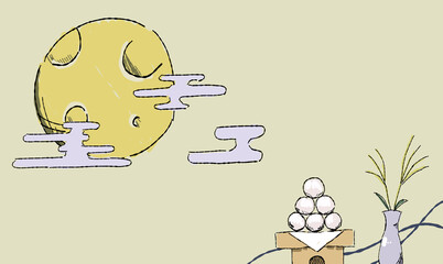ベージュのお月見の背景イラスト、月見団子とともに。ペン画風の手描きタッチ。模様付き。