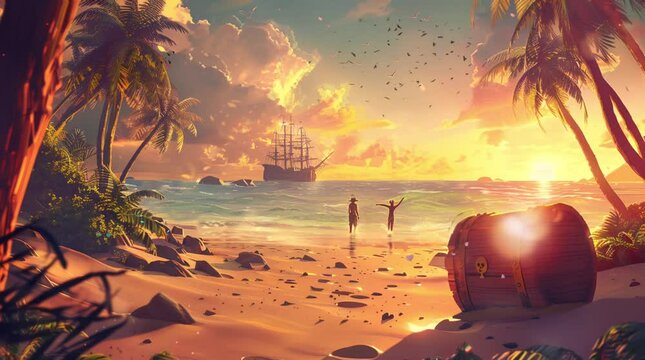 sunset on the beach with panorama of sea waves and ship. anime or cartoon style. 4k video animation background smooth and loop