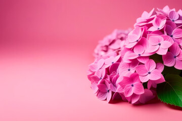 Fototapeta premium A bouquet of pink hydrangeas with copy space on a pink background. Postcard with fresh flowers, place for text