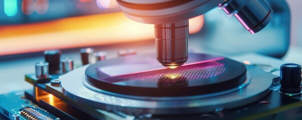 Researcher analyzing the surface of semiconductor wafers with a microscope, Semiconductor wafers, Advanced semiconductor technology